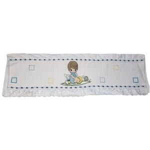 Vtg Precious Moments Baby Blanket Sheet Baby Boy Cross Stitch Embroidered Lace